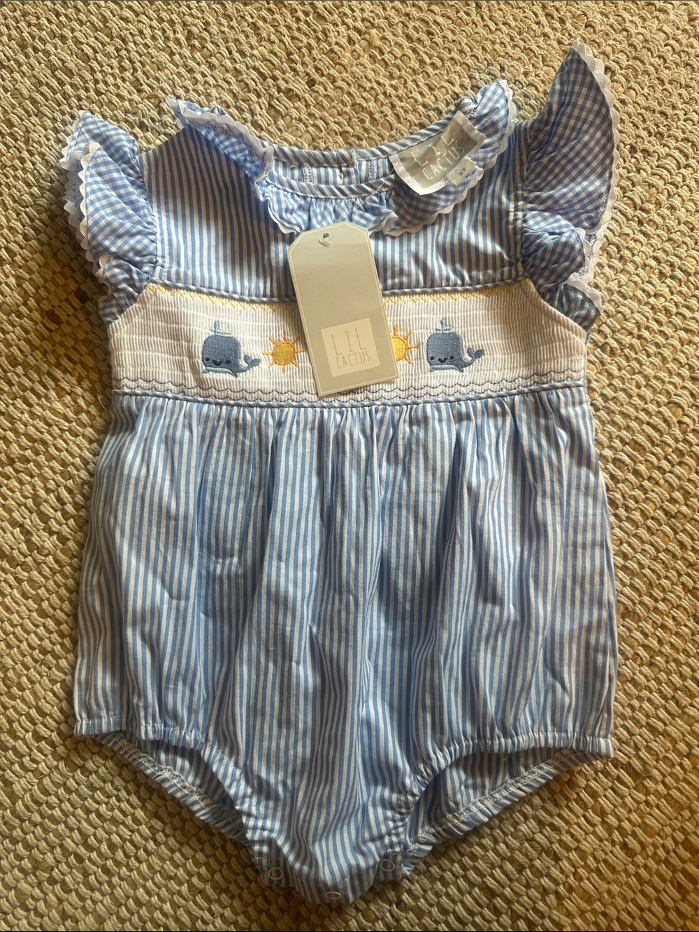Lili Gaufrette Blue Striped Whale Smocked Baby One-Piece